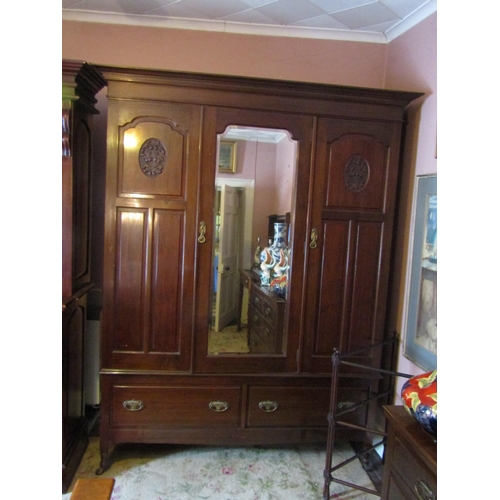 1344 - Antique Mahogany Twin Door Wardrobe with Central Mirrored Section above Two Deep Drawers Approximate... 