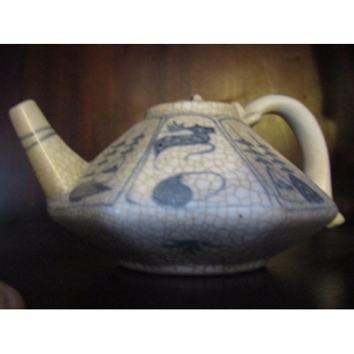 1347 - Unusual Shaped Form Ceramic Teapot with Tribal Decorations Approximately 6 Inches Diameter