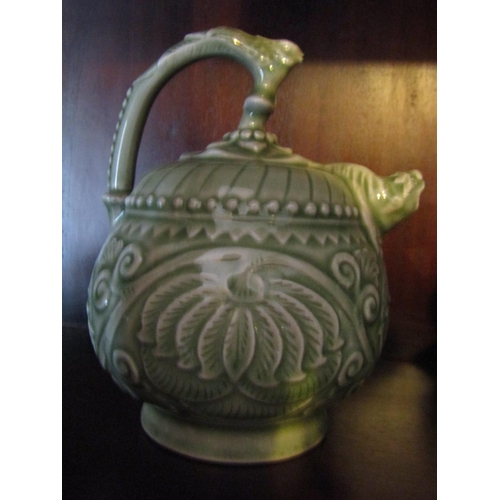 1350 - Pale Green Ground Oriental Teapot with Unusual Spout Approximately 8 Inches High