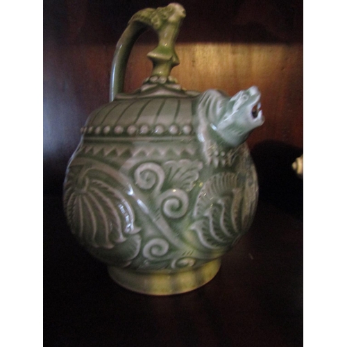 1350 - Pale Green Ground Oriental Teapot with Unusual Spout Approximately 8 Inches High