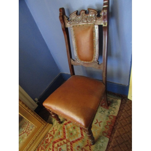 1358 - Antique Mahogany Side Chair Tan Leather Upholstered above Turned Supports