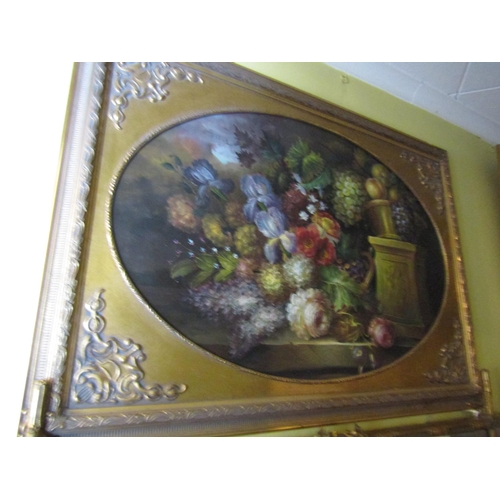 1360 - Large Still Life Painting Oil on Canvas Depicting Flowers on Ledge contained within Oval Inset Gilde... 