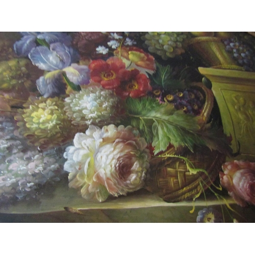 1360 - Large Still Life Painting Oil on Canvas Depicting Flowers on Ledge contained within Oval Inset Gilde... 