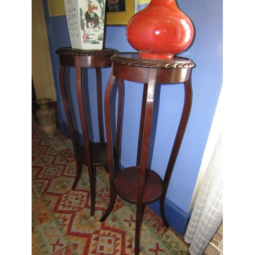 1367 - Pair of Antique Mahogany Shaped Form Stands with Gadrooned Edge Decoration Each Approximately 46 Inc... 