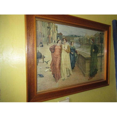 1370 - Framed Lithograph Florentine Scene Depicting Fair Maidens Approximately 18 Inches High x 32 Inches W... 