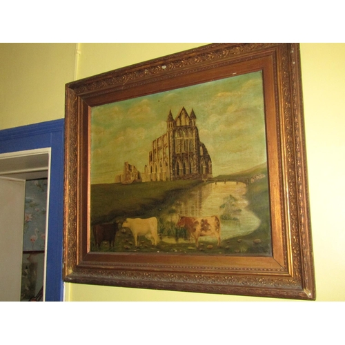 1375 - Victorian School Cattle with Church Beyond Oil on Canvas Approximately 22 Inches High x 28 Inches Wi... 