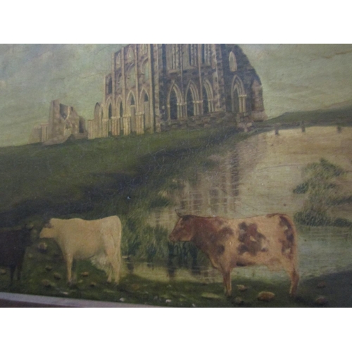 1375 - Victorian School Cattle with Church Beyond Oil on Canvas Approximately 22 Inches High x 28 Inches Wi... 