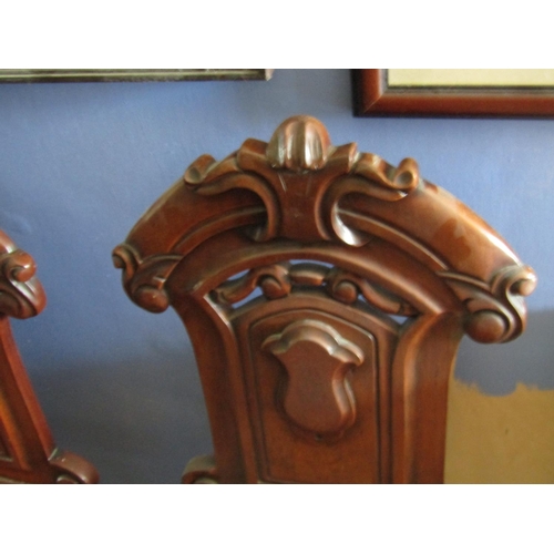 1377 - Pair of Victorian Carved Hall Chairs with Serpentine Front Rails above Turned Supports