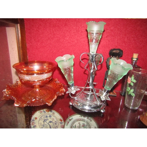 1382 - Silver Plated Epergne with Green Crystal Shades and Carnival Ware Pedestal Dish Approximately 12 Inc... 