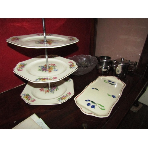 1384 - Three Tier Fine Bone Porcelain Cake Rest with Other Items including Chrome Plated Tea Service Crysta... 