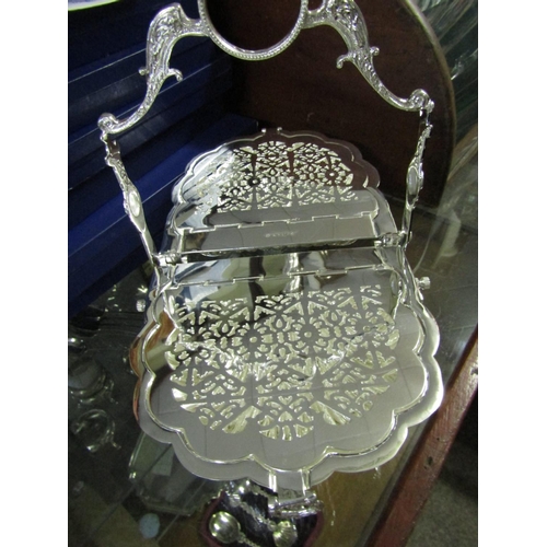 1385 - Silver Plated Foldout Stand of Elegant Form with Wells and Intricate Fretwork Approximately 10 Inche... 