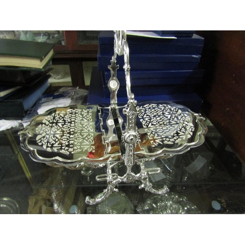 1385 - Silver Plated Foldout Stand of Elegant Form with Wells and Intricate Fretwork Approximately 10 Inche... 