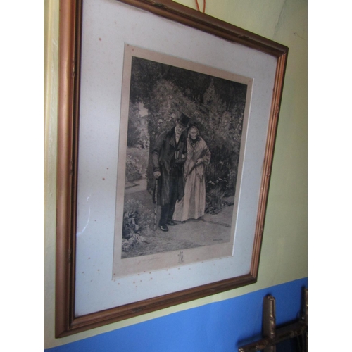 1389 - Victorian Engraving Signed Couple in Garden Approximately 24 Inches High x 18 Inches Wide