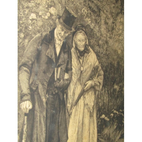 1389 - Victorian Engraving Signed Couple in Garden Approximately 24 Inches High x 18 Inches Wide