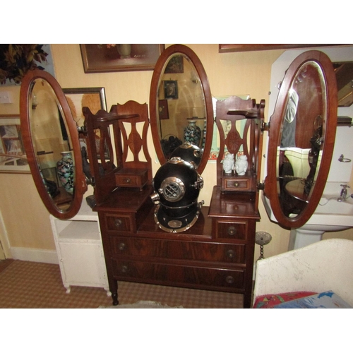 1398 - Victorian Figured Mahogany Dressing Chest with Three Oval Mirrors above Four Drawers. Chest Approxim... 