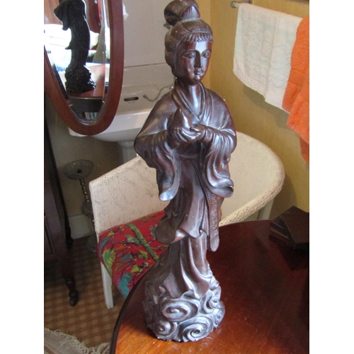 1406 - Oriental Carved Wood Figure of Lady Stylised Base Approximately 21 Inches High