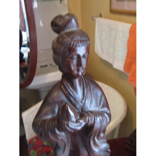 1406 - Oriental Carved Wood Figure of Lady Stylised Base Approximately 21 Inches High