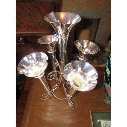 1413 - Silver Plated Epergne Five Shaped Sconces on Further Shaped Supports Approximately 22 Inches High