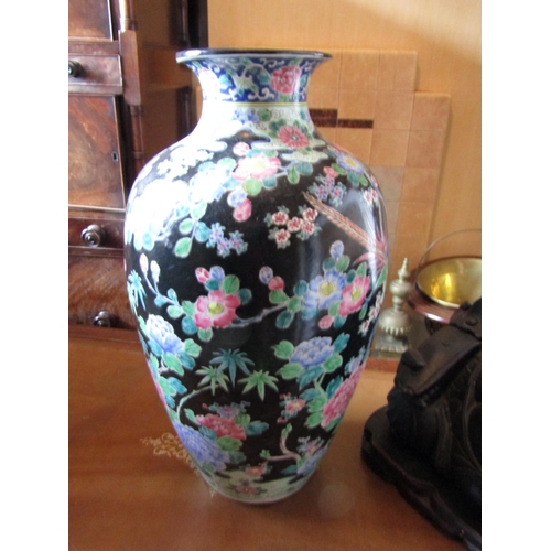 1415 - Oriental Dark Ground Shaped Form Vase with Floral Motifs Approximately 16 Inches High