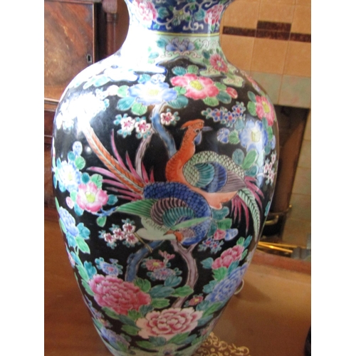 1415 - Oriental Dark Ground Shaped Form Vase with Floral Motifs Approximately 16 Inches High