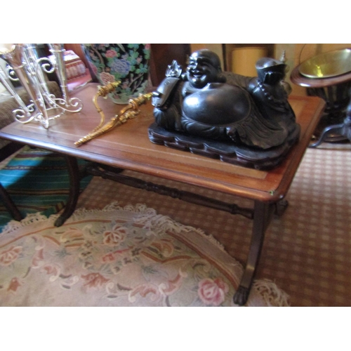 1418 - Mahogany Rectangular Form Coffee Table with Inset Leather Top above Carved End Supports Approximatel... 