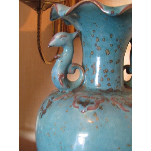 1419 - Unusual Shaped Form Vase Oriental with Side Carry Handles Approximately 12 Inches High