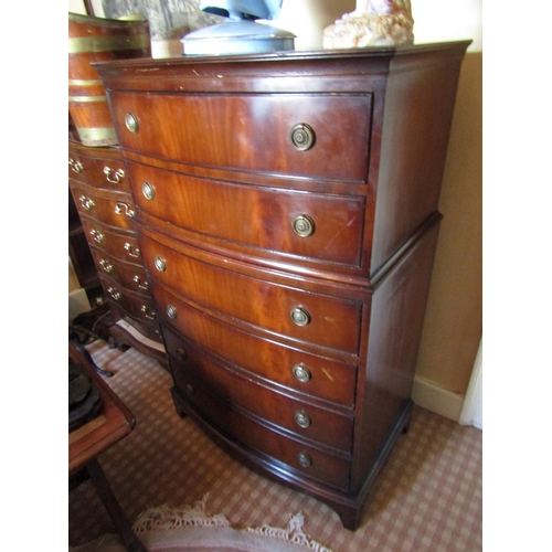 1422 - Figured Mahogany Tall Chest of Five Drawers Bow Front Approximately 34 Inches Wide x 5ft 7 Inches Hi... 