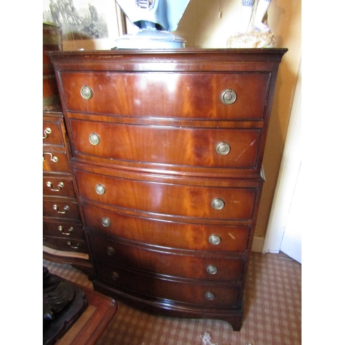 1422 - Figured Mahogany Tall Chest of Five Drawers Bow Front Approximately 34 Inches Wide x 5ft 7 Inches Hi... 