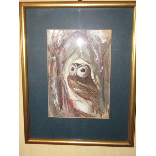 1425 - Irish School Owl Watercolour Approximately 11 Inches High x 9 Inches Wide Signed Indistinctly Lower ... 