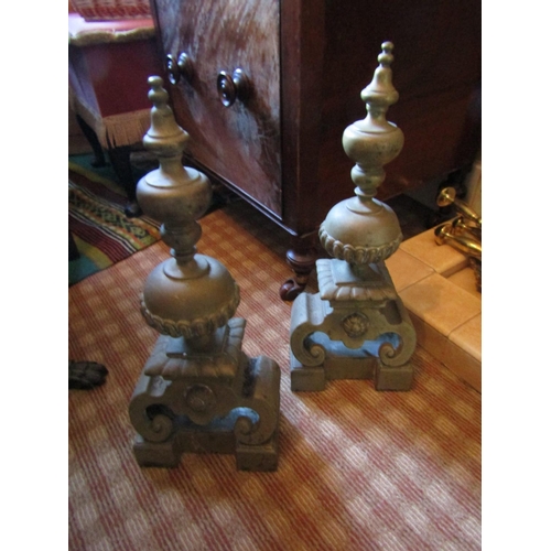 1430 - Pair of Antique Cast Brass Fire Ends of Pedestal Form Each Approximately 14 Inches High