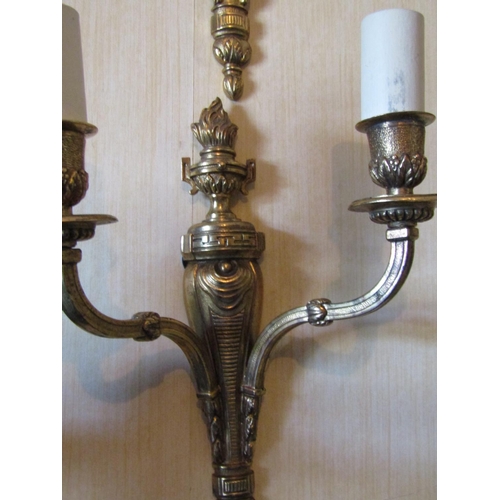 1438 - Pair of Ormolu Twin Sconce Side Wall Lights with Central Flame Motif Upper Decoration Each Approxima... 