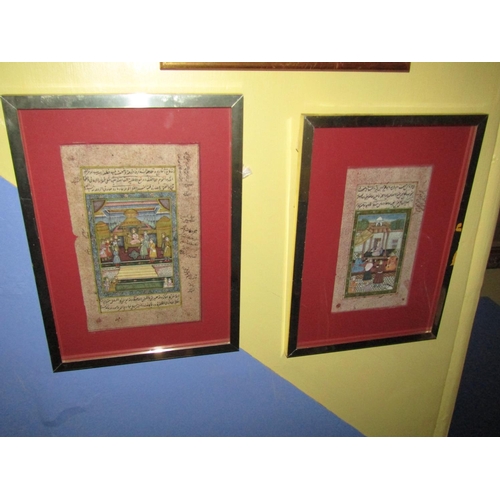 1443 - Pair of Gilt Framed Mughal Empire Pictures Court Scenes Each Approximately 12 Inches High x 8 Inches... 