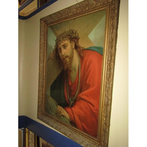 1448 - Two Gilt Framed Religious Lithographs Depicting Christ with Cross and Christ with Mother Mary Larges... 