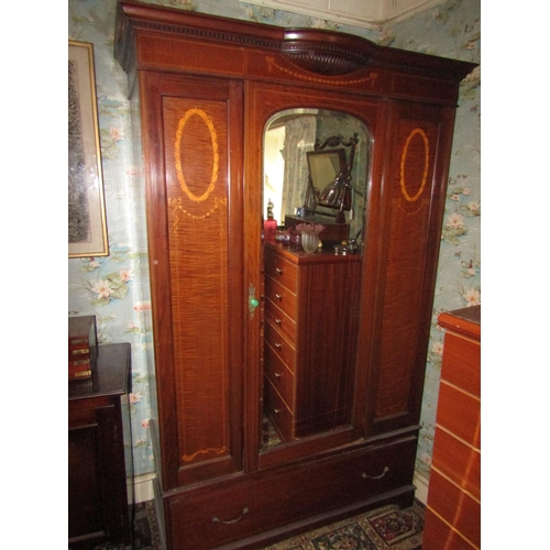 1457 - Antique Figured Mahogany Wardrobe with Inlaid Decoration Central Mirrored Panel above Single Long Dr... 