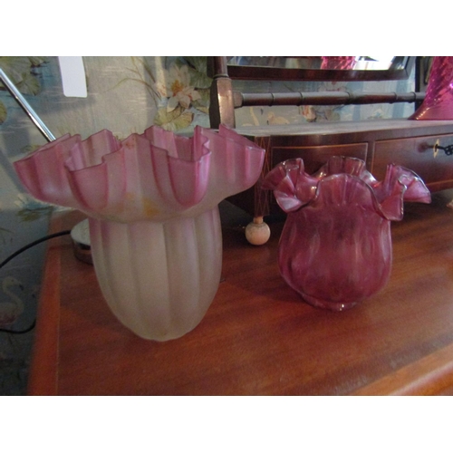 1460 - Two Antique Tulip Form Cranberry Glass Shades Tallest Approximately 8 Inches High