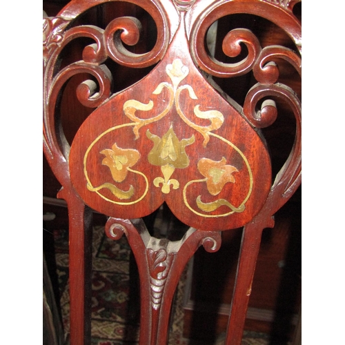 1468 - Pair of Antique Art Nouveau Decorated Mahogany Side Chairs