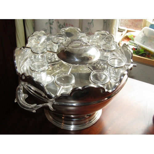 1470 - Silver Plated Caviar Serving Bowl of Generous Form with Caviar Sturgeon Motif Side Carry Handles and... 