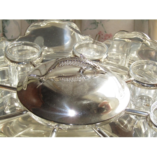 1470 - Silver Plated Caviar Serving Bowl of Generous Form with Caviar Sturgeon Motif Side Carry Handles and... 