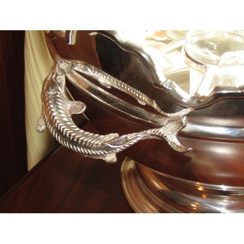 1470 - Silver Plated Caviar Serving Bowl of Generous Form with Caviar Sturgeon Motif Side Carry Handles and... 