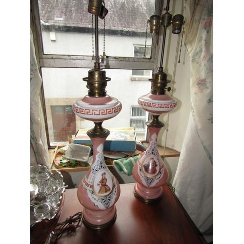 1471 - Pair of Antique Gilt Decorated Glass Oil Lamps Now Converted for Use as Table Lamps Attractive Form ... 