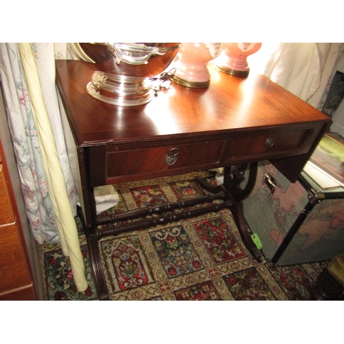 1472 - Antique Figured Mahogany Twin Drawer Sofa Table with Carved End Supports Approximately 38 Inches Wid... 