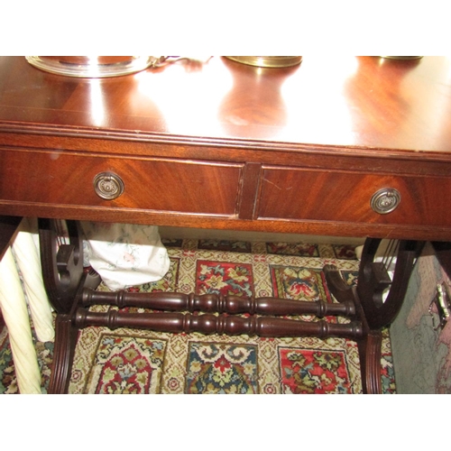 1472 - Antique Figured Mahogany Twin Drawer Sofa Table with Carved End Supports Approximately 38 Inches Wid... 