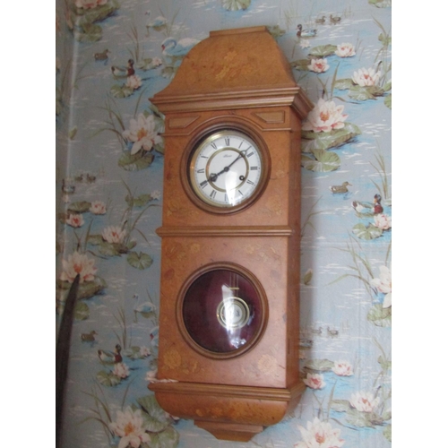 1476 - Antique Burr Maple Marquetry Decorated Wall Clock with Roman Numeral Decorated Dial Brassbound Appro... 