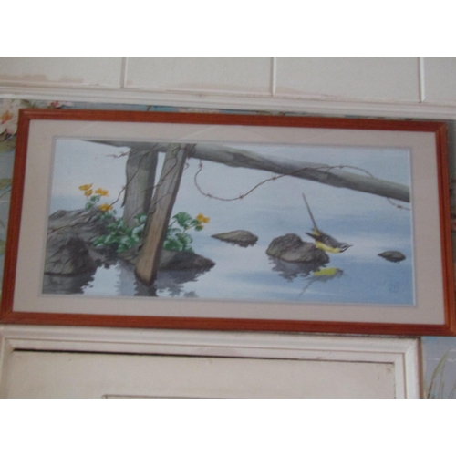 1478 - Terry O'Connell Irish School Framed Watercolour Water Bird with Flowers Approximately 14 Inches High... 