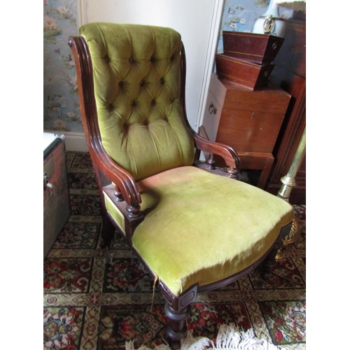 1480 - William IV Deep Button Velvet Upholstered Chair on Turned Supports