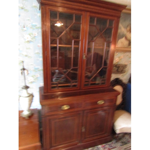 1486 - Antique Figured Mahogany Two Door Figured Astral Glazed Bookcase with Twin Drawers above Cupboard Do... 