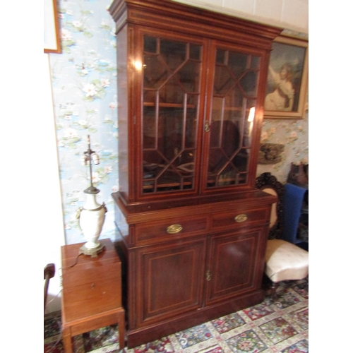 1486 - Antique Figured Mahogany Two Door Figured Astral Glazed Bookcase with Twin Drawers above Cupboard Do... 