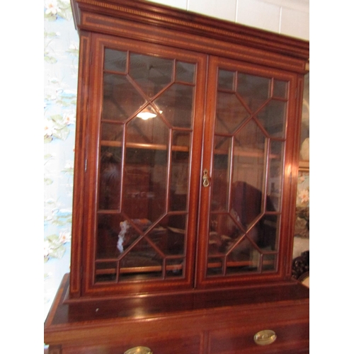 1486 - Antique Figured Mahogany Two Door Figured Astral Glazed Bookcase with Twin Drawers above Cupboard Do... 