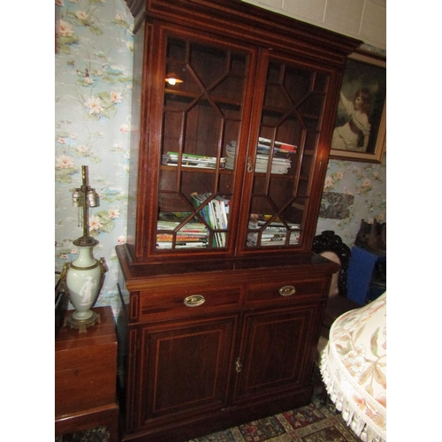 1486 - Antique Figured Mahogany Two Door Figured Astral Glazed Bookcase with Twin Drawers above Cupboard Do... 