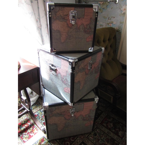 1487 - Three Canvas Clad Leather-bound Travel Trunks with Atlas Motif Decoration Chrome Plated Clasps and S... 